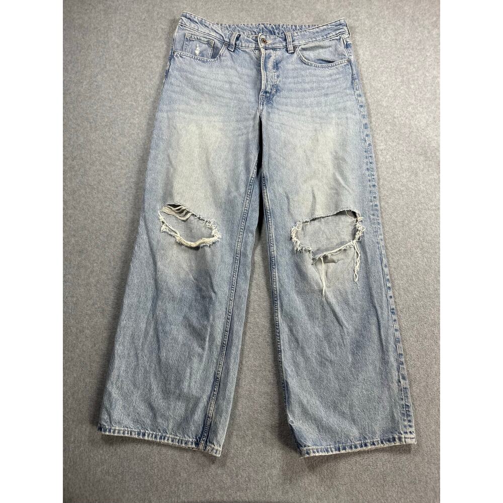 & Denim H&M Baggy Jeans Women's Size 10 Blue Distressed Mid-Rise Wide Loose Fit